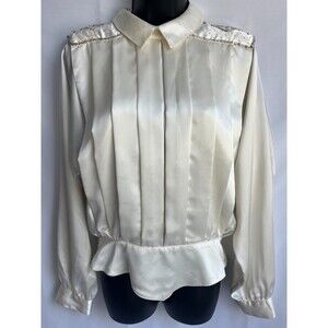 Vintage Axiom Satin Beaded Long Sleeve Blouse Size 8 Cream White Pleated Baroque